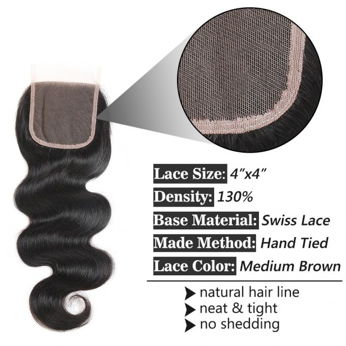 Fechamento suíço 8" do laço da onda brasileira do corpo a 20" material preto natural do cabelo do Virgin da cor